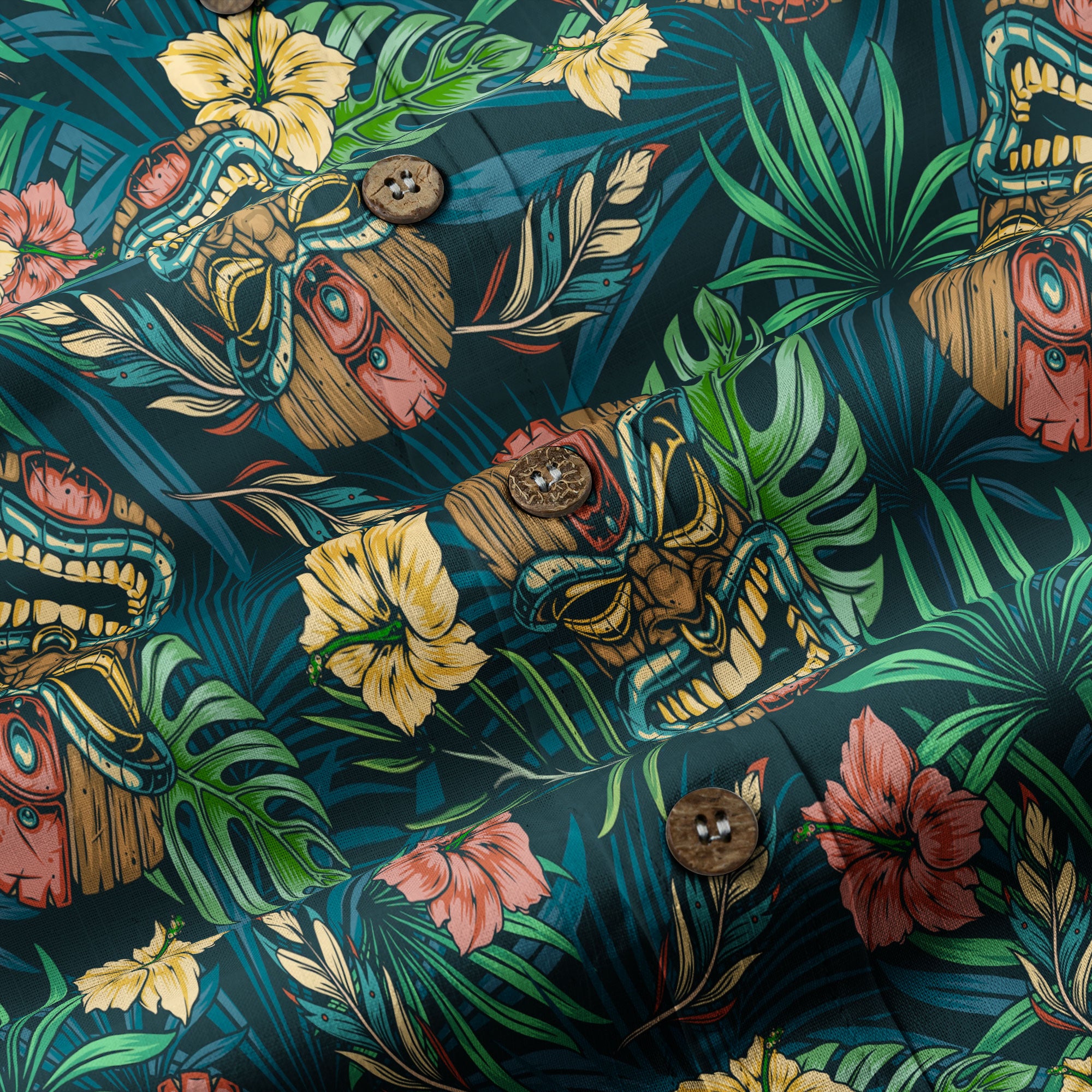 Tropical Tiki Mask Hawaiian Shirts, Flamingo Hawaii Button Down Shirt - The Palmix