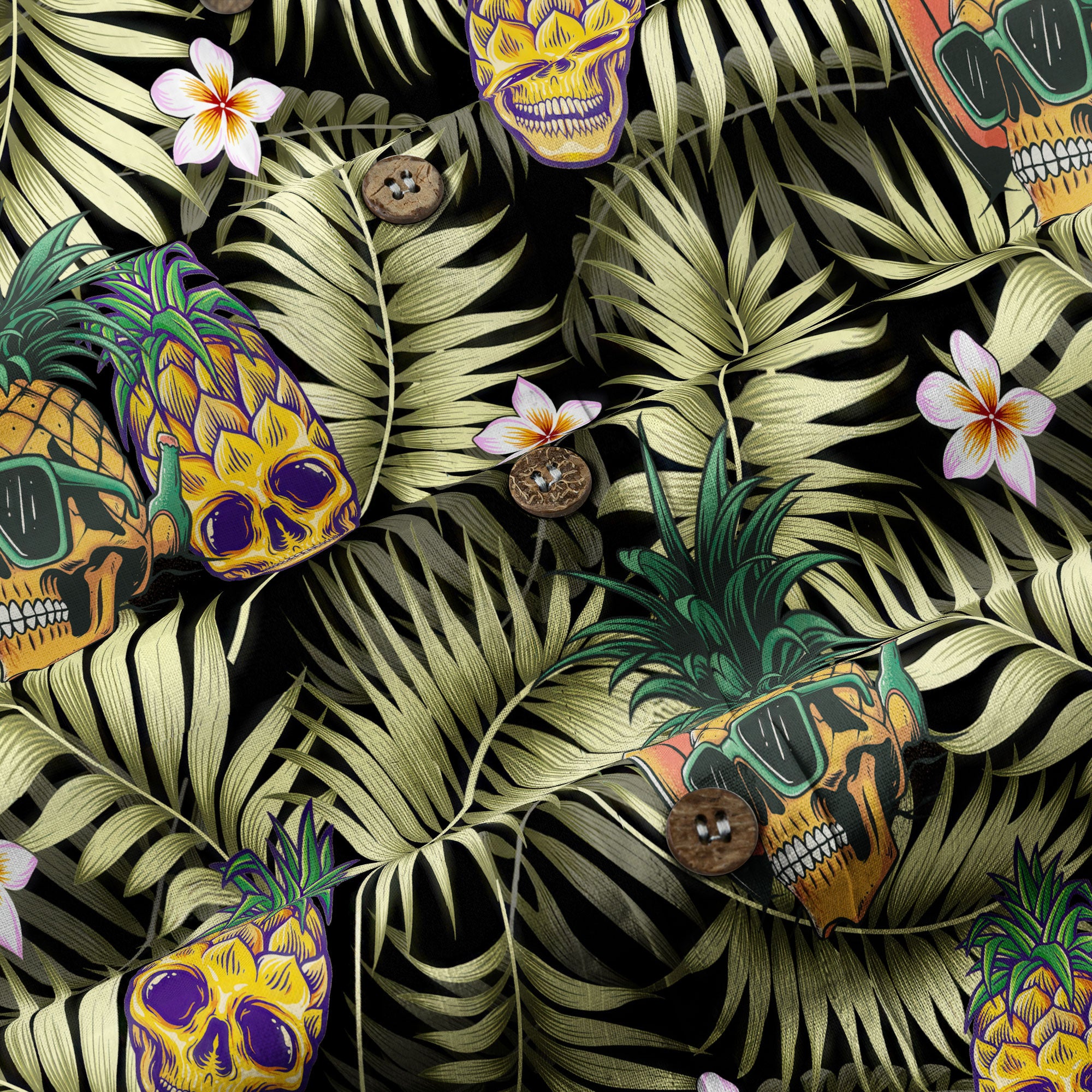 Allover Skull Hawaiian Shirt Floral Skull Rose Pinapple Hawaiian - The Palmix