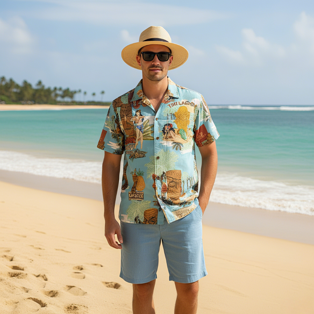 Hawaiian Vintage Pictorial TIKI Island Print Shirt