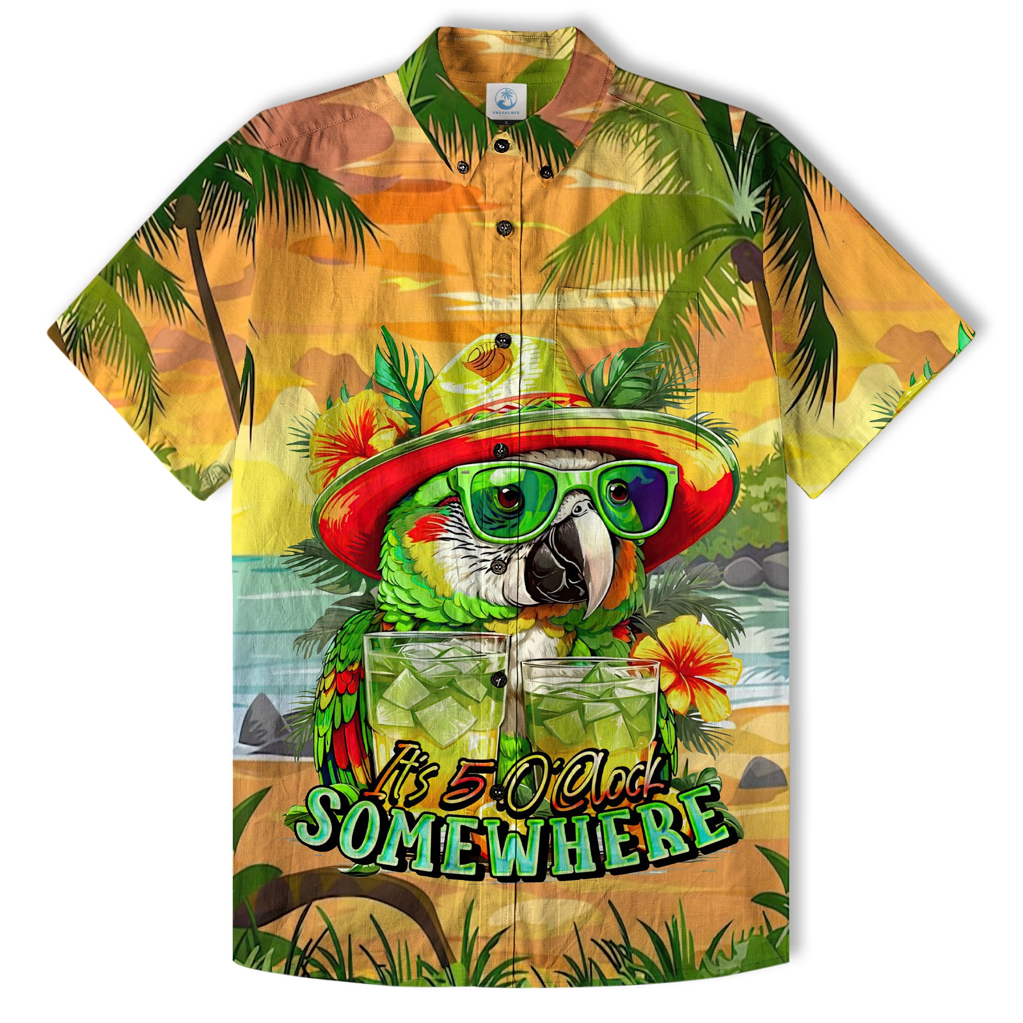 It's 5 o'clock Somewhere Tropical Parrot Cocktail Sunset Aloha Hawaii Shirt - The Palmix