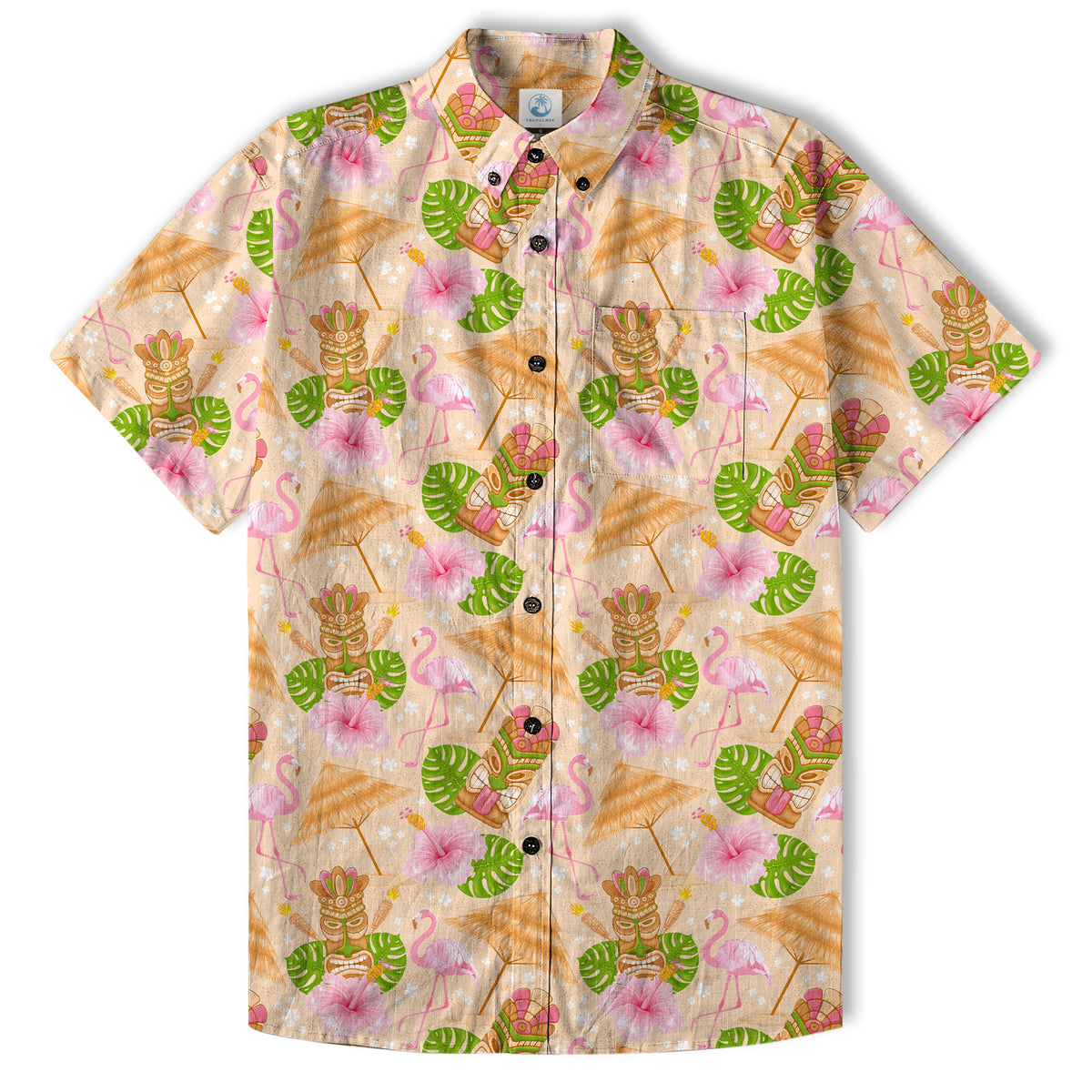 Tiki Mask Pattern Hawaii Shirt for Men, Aloha Flamingo Pattern Hawaii Shirt - The Palmix