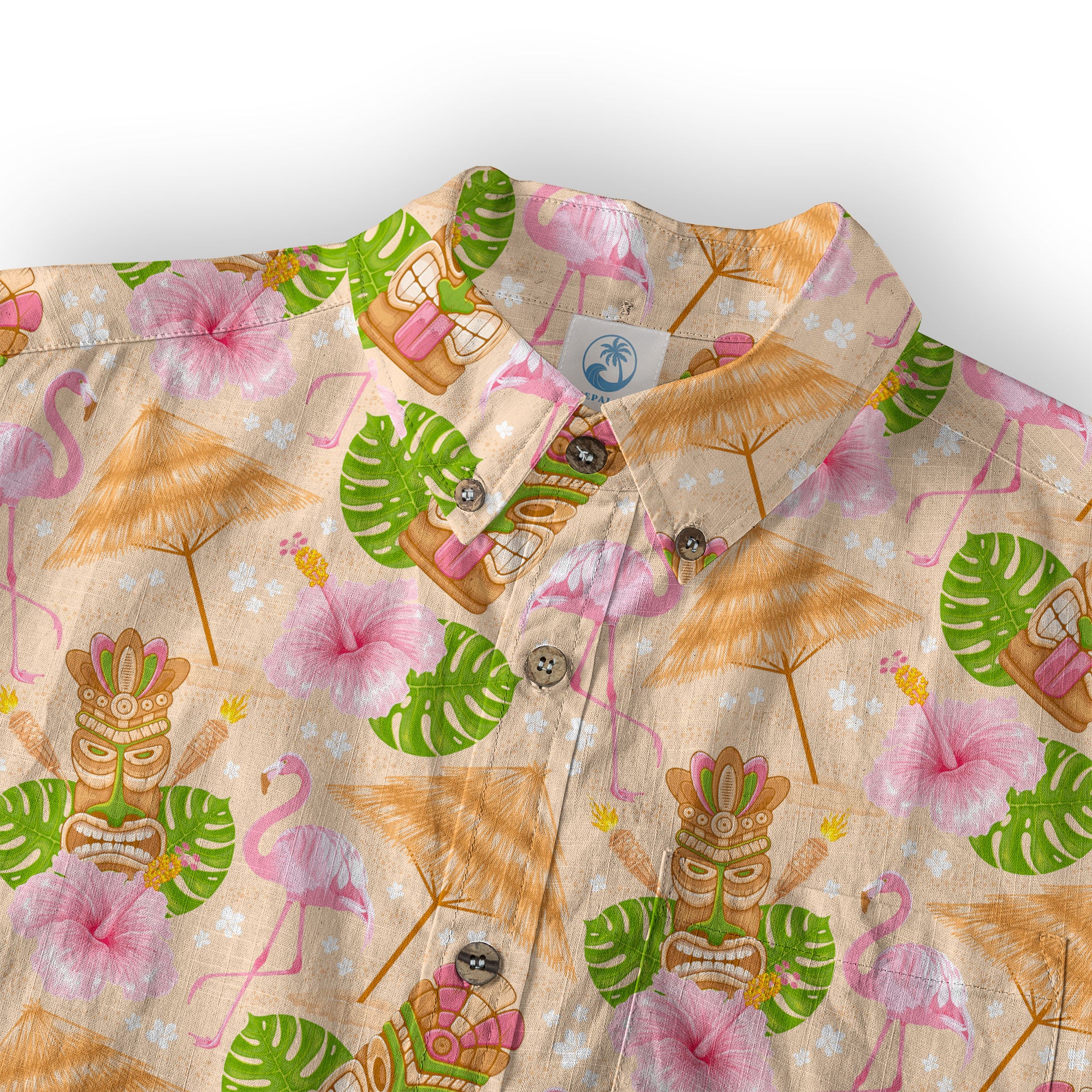 Tiki Mask Pattern Hawaii Shirt for Men, Aloha Flamingo Pattern Hawaii Shirt - The Palmix