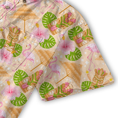 Tiki Mask Pattern Hawaii Shirt for Men, Aloha Flamingo Pattern Hawaii Shirt - The Palmix