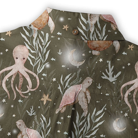 Ocean Animals Hawaiian Button Up Shirt, Turtle Summer Beach Shirt - The Palmix
