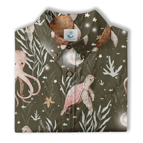 Ocean Animals Hawaiian Button Up Shirt, Turtle Summer Beach Shirt - The Palmix