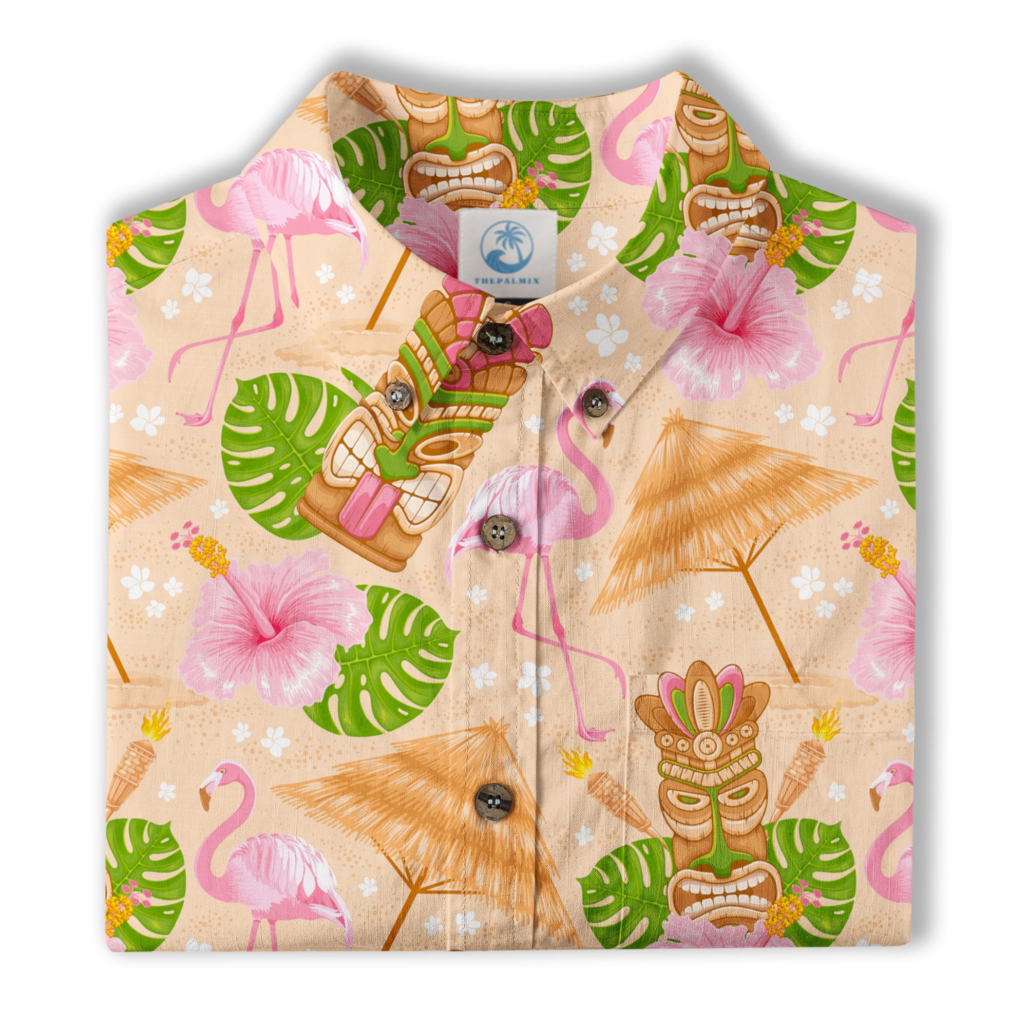 Tiki Mask Pattern Hawaii Shirt for Men, Aloha Flamingo Pattern Hawaii Shirt - The Palmix