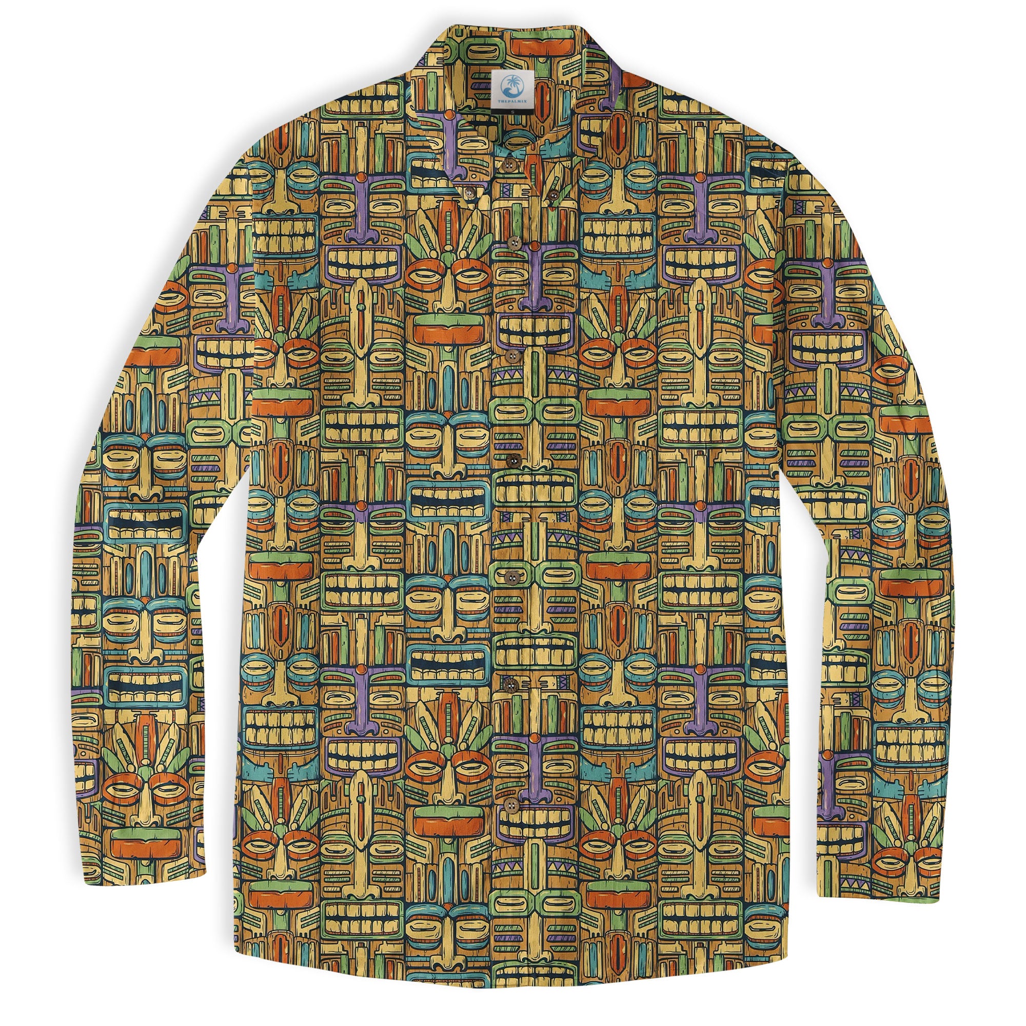 Surfing Tiki Mask Hawaiian Tropical Hawaii Button Down Long Sleeve Shirt - The Palmix