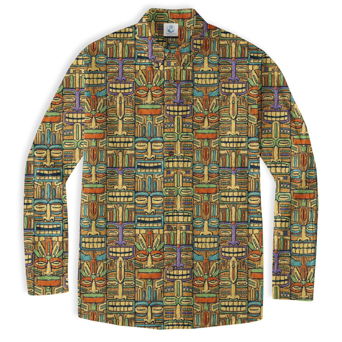 Surfing Tiki Mask Hawaiian Tropical Hawaii Button Down Long Sleeve Shirt - The Palmix