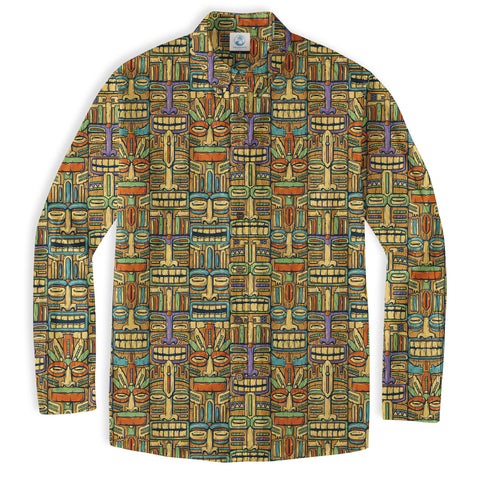 Surfing Tiki Mask Hawaiian Tropical Hawaii Button Down Long Sleeve Shirt - The Palmix