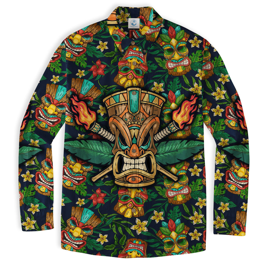 Tiki Masks Colorful Hawaiian Pattern Long Sleeve Shirt - The Palmix