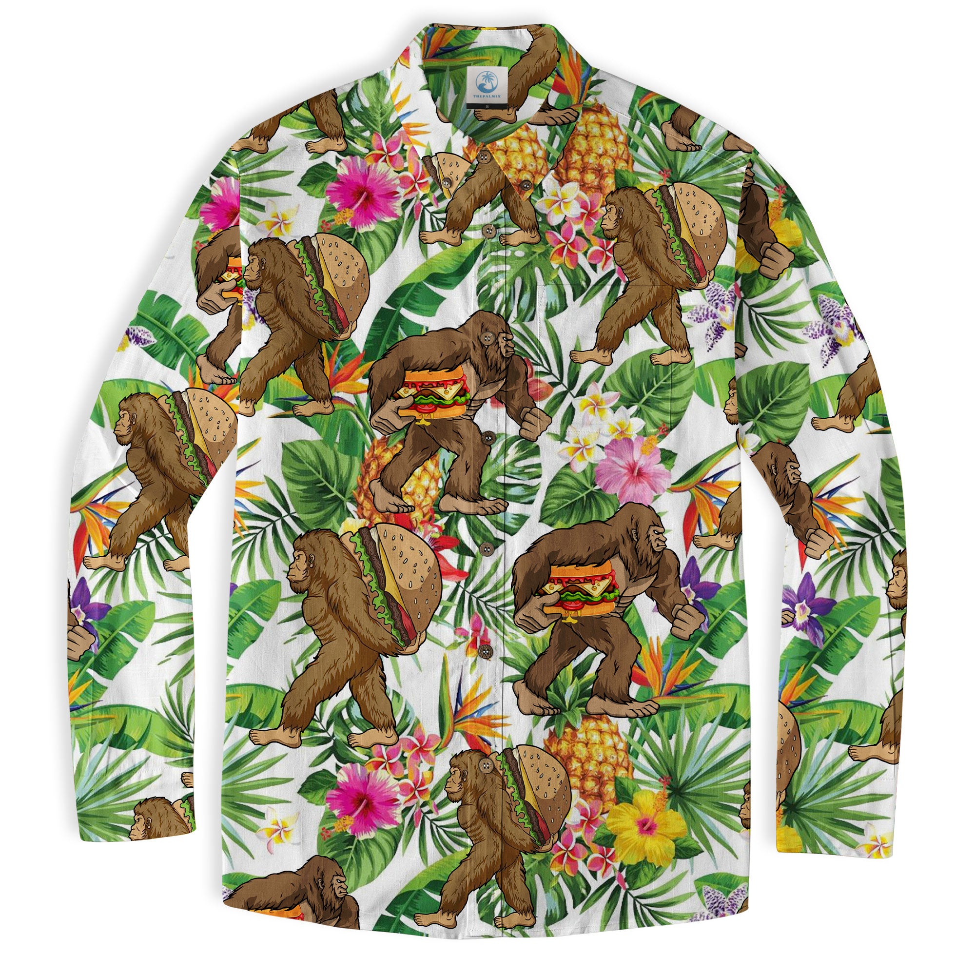 Bigfoot Burger Hawaiian Shirts for Men, Bigfoot Aloha Pattern Button Down Short Sleeve - The Palmix