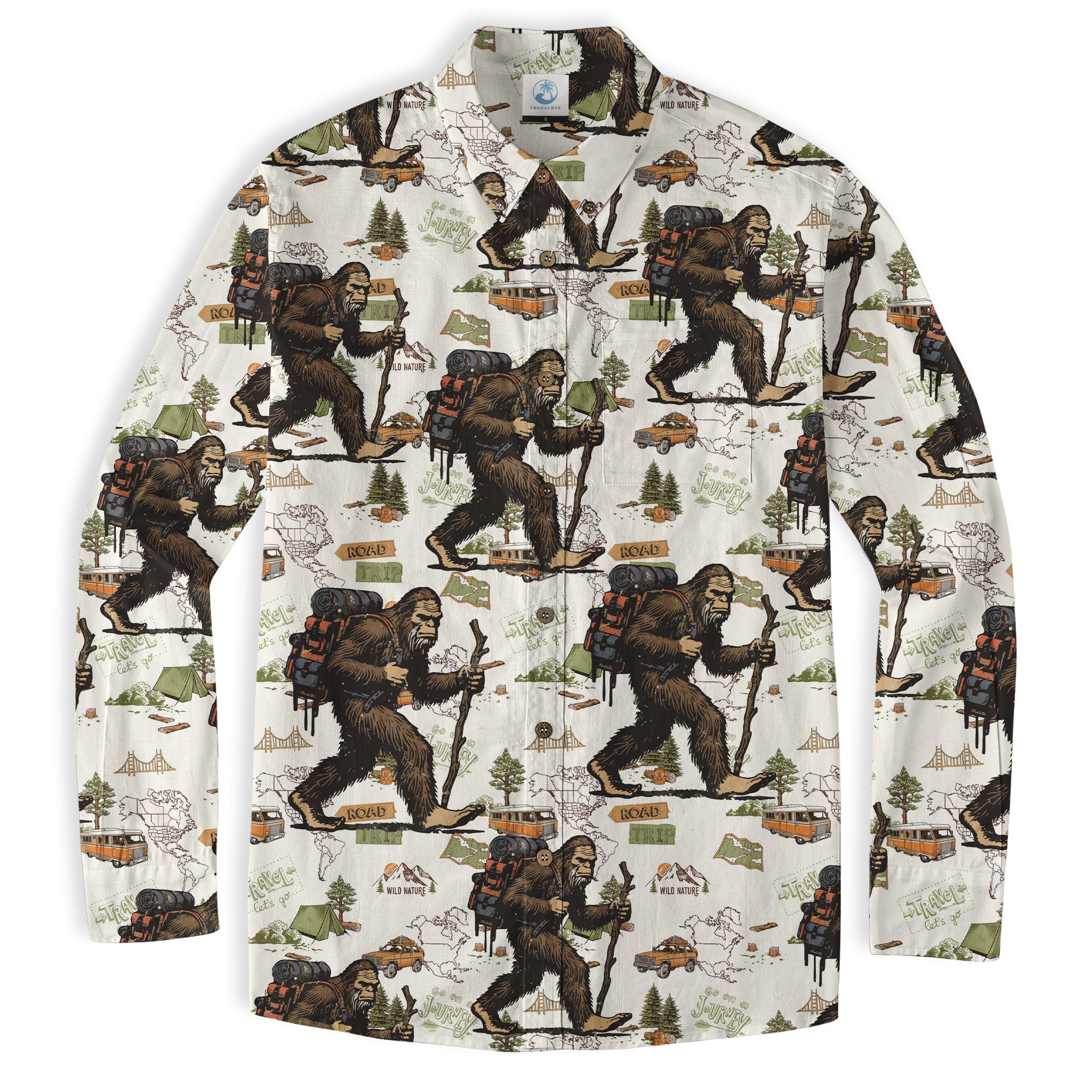 Bigfoot Hiking Hawaiian Shirts for Men, Bigfoot Hiking Pattern Button Down Short Sleeve - The Palmix