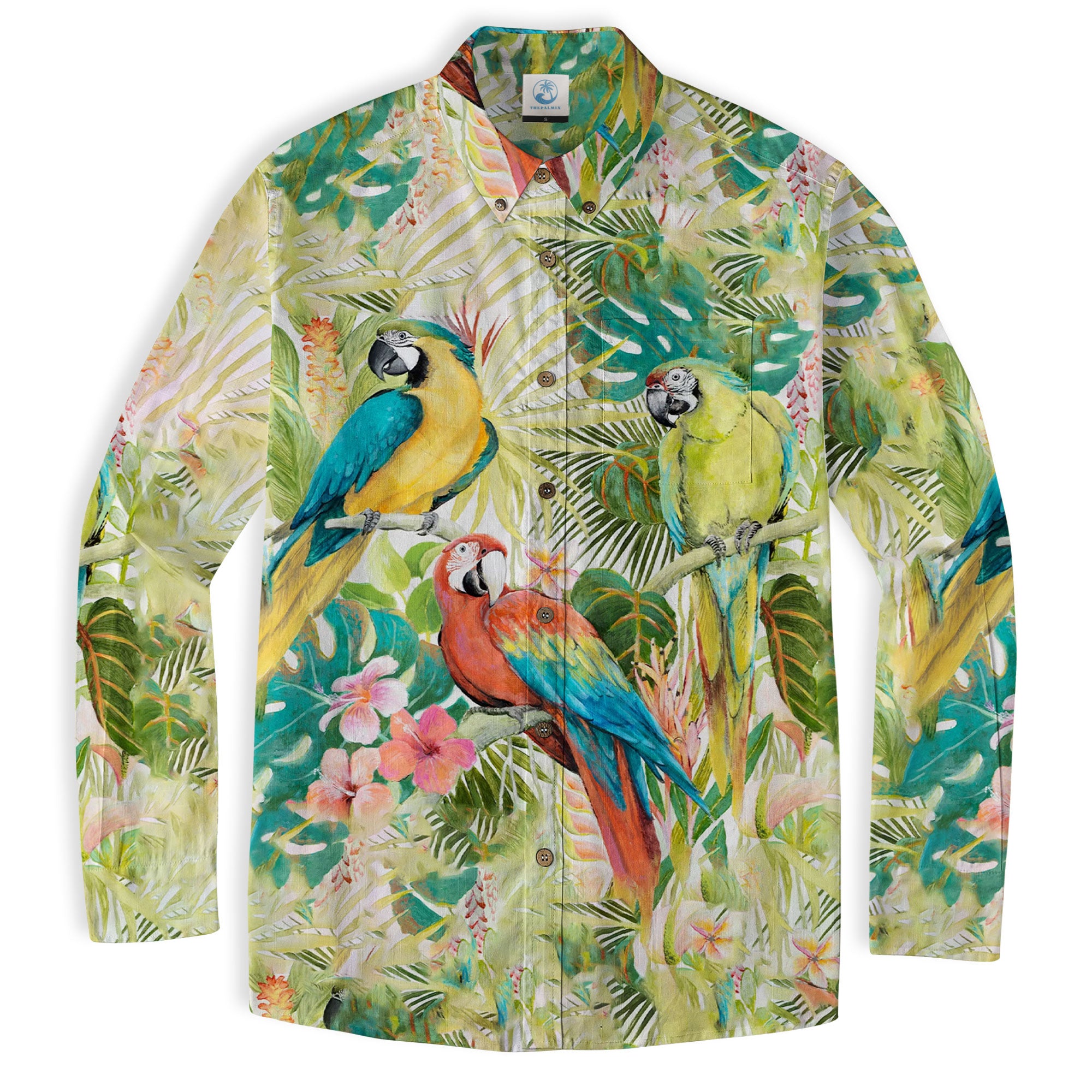 Parrot Lovers Hawaiian Long Sleeve Shirt for Men - Tropical Summer Button Down Hawaiian Shirts - The Palmix