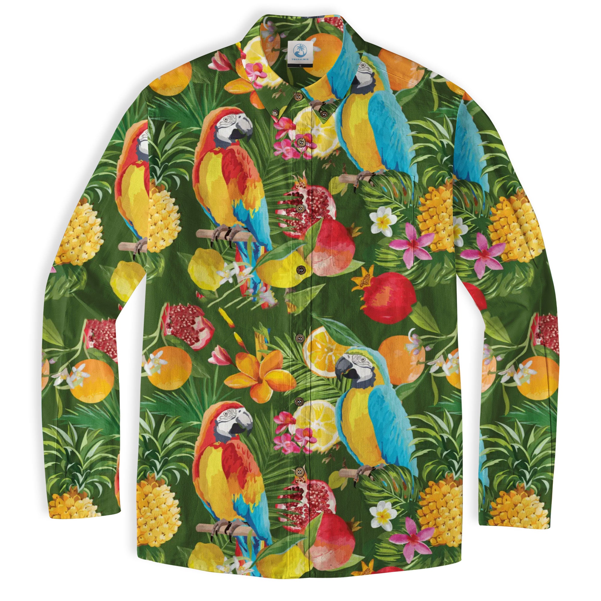 Parrot Lovers Hawaiian Long Sleeve Shirt for Men - Tropical Summer Button Down Hawaiian Shirts - The Palmix