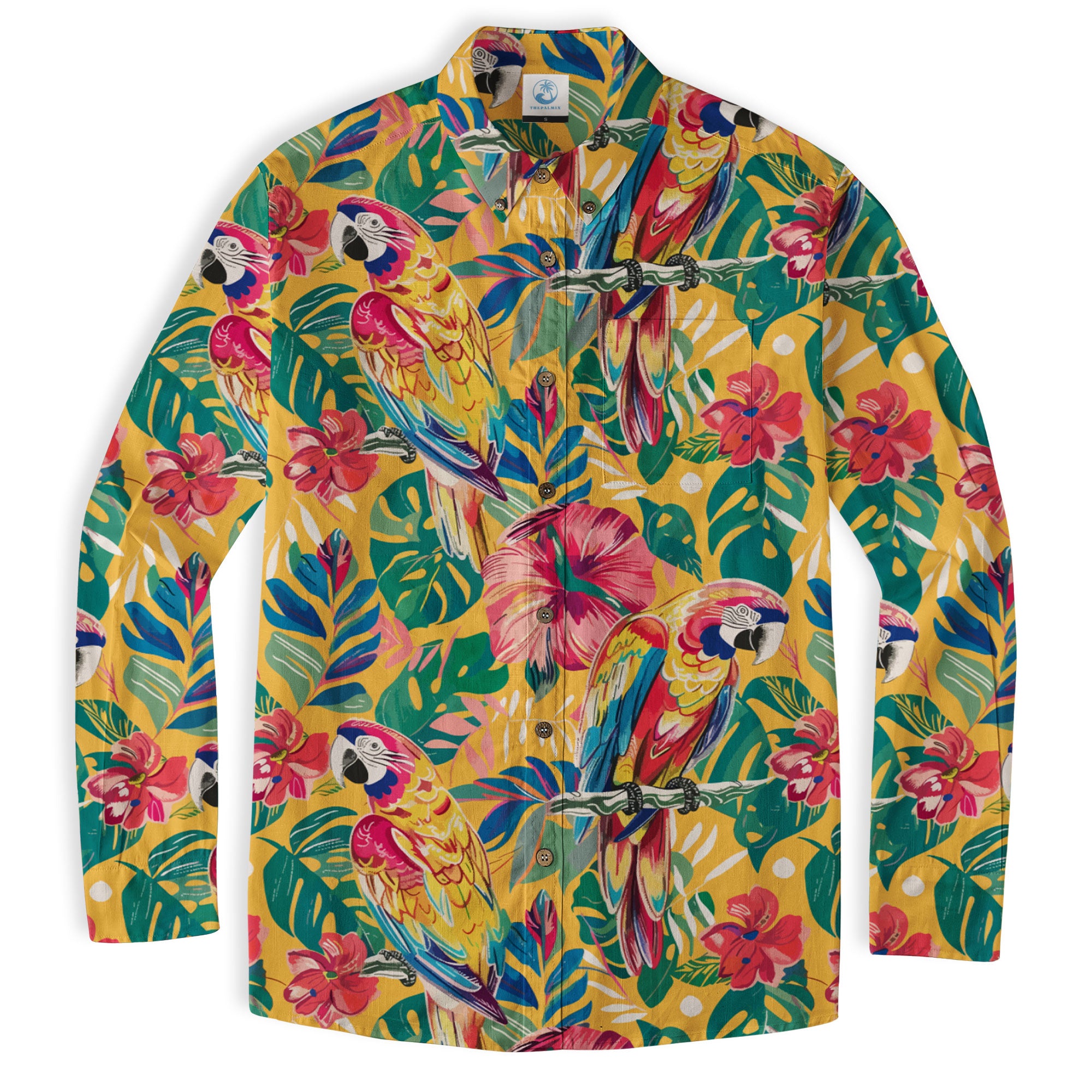 Parrot Lovers Hawaiian Long Sleeve Shirt for Men - Tropical Summer Button Down Hawaiian Shirts - The Palmix