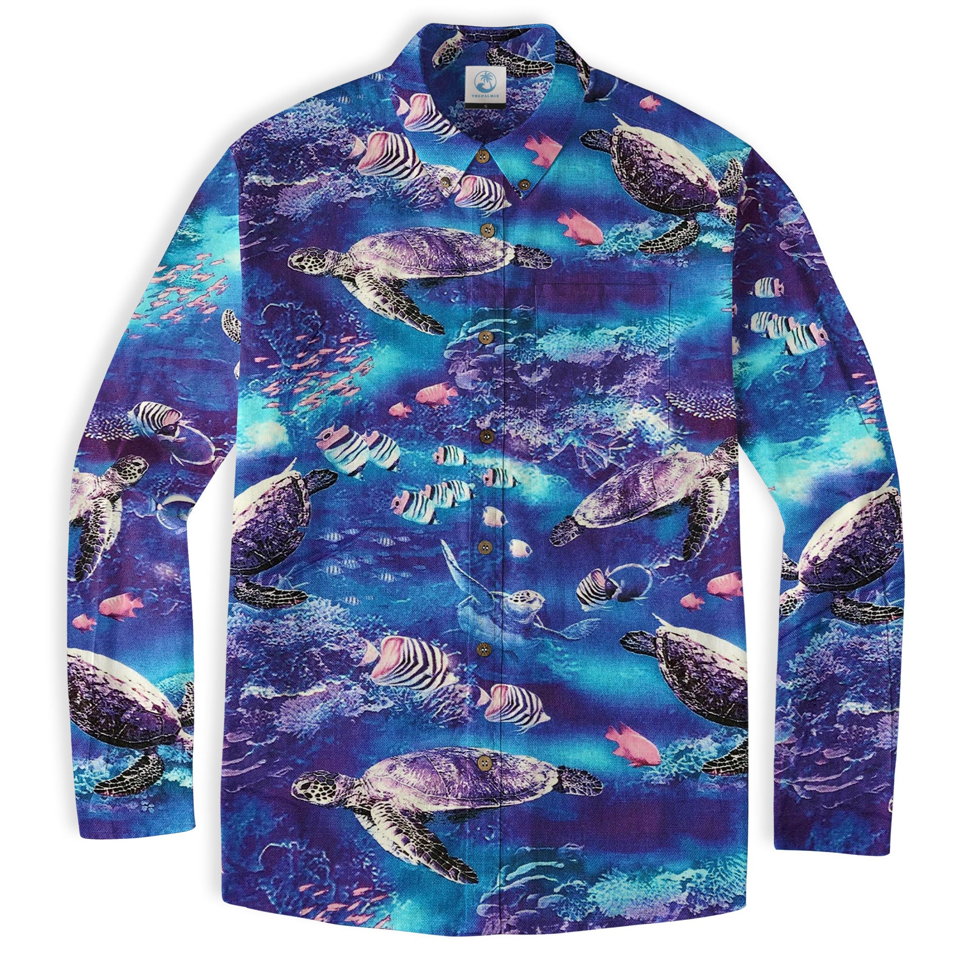 Turtle Mens Hawaiian Long Sleeve Shirt, Turtle Casual Button Down Long Sleeve - The Palmix