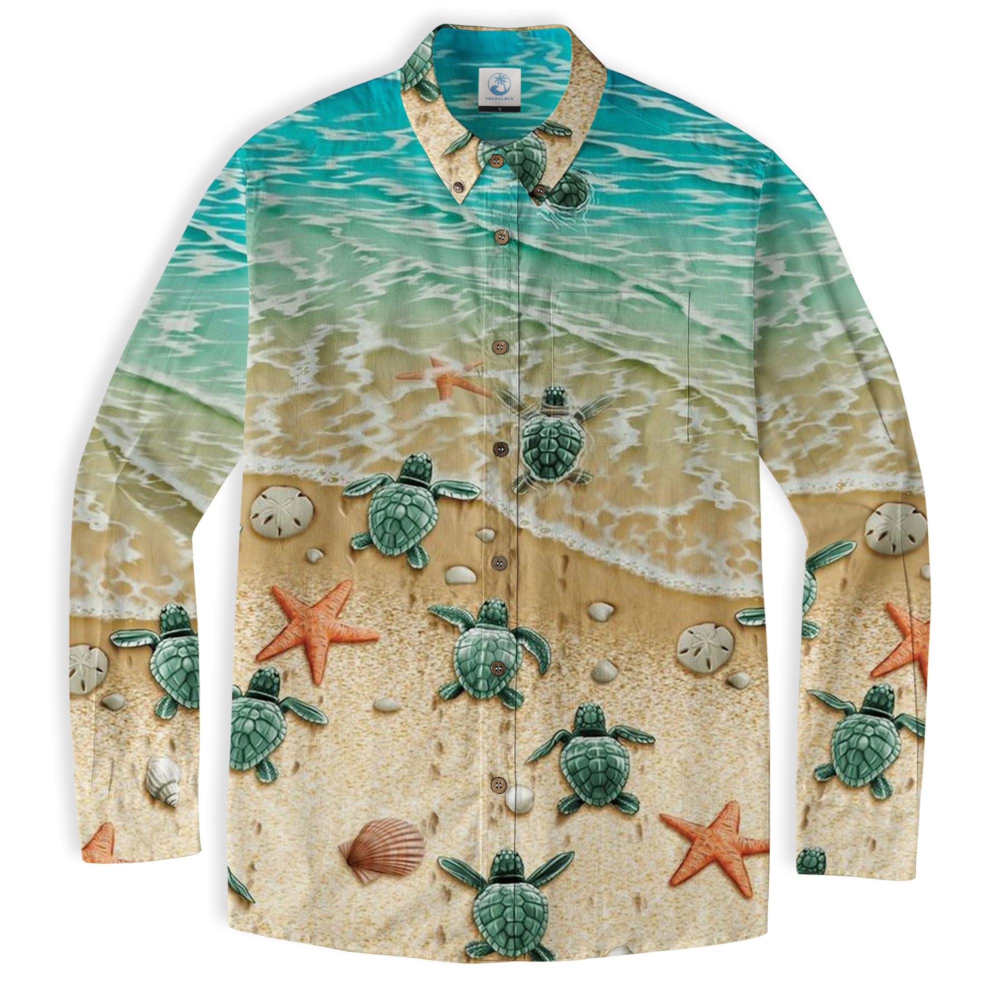 Turtle Mens Hawaiian Long Sleeve Shirt, Turtle Casual Button Down Long Sleeve - The Palmix
