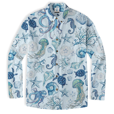 Turtle Hawaiian Long Sleeve Shirt for Men, Ocean Hawaiian Long Shirt - The Palmix