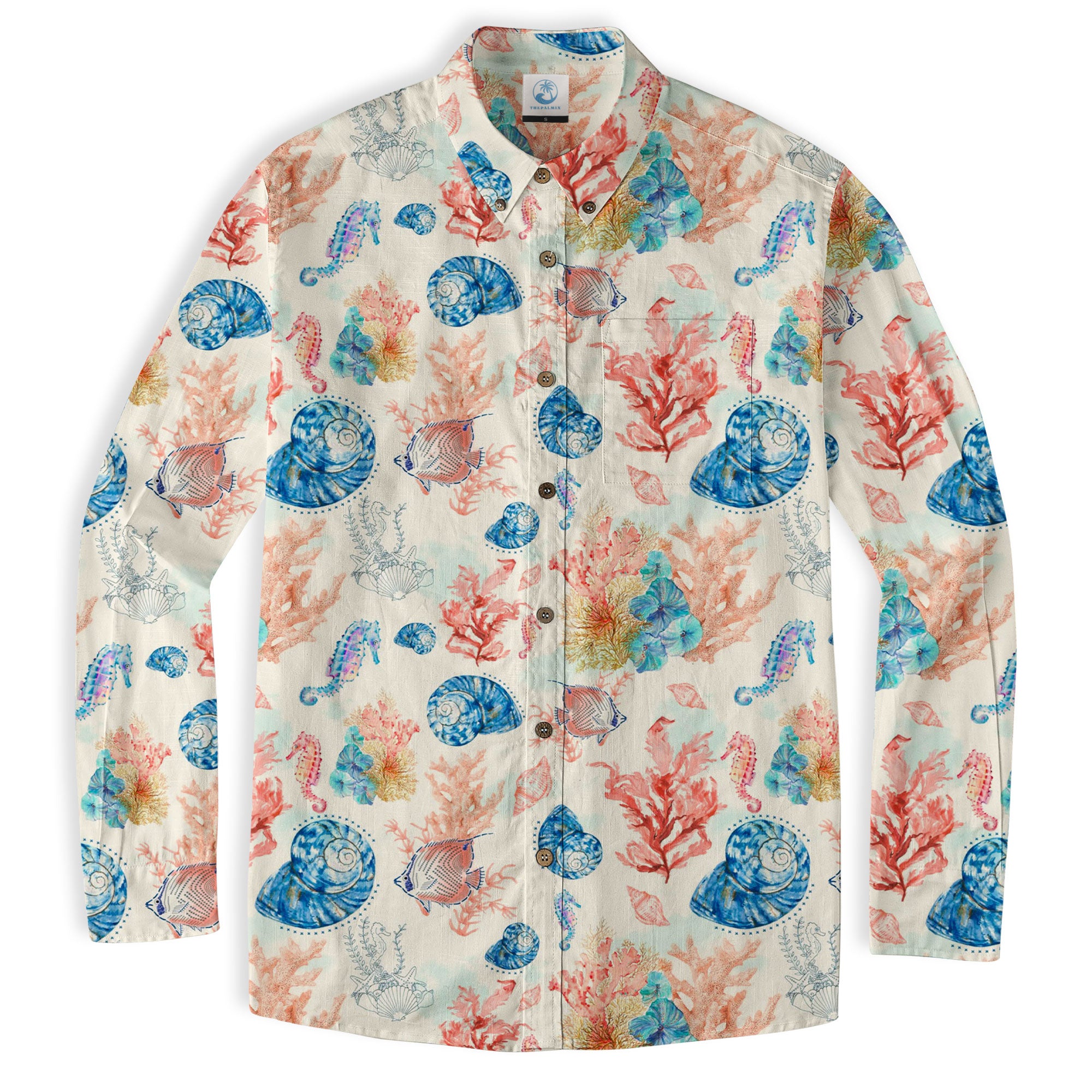 Ocean Animals Hawaiian Button Up Long Sleeve Shirt, Sea Hawaii Shirt - The Palmix
