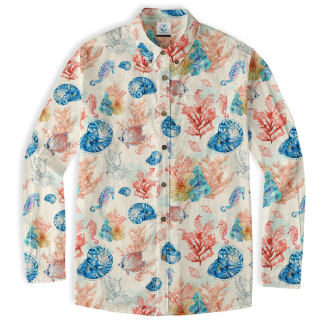Ocean Animals Hawaiian Button Up Long Sleeve Shirt, Sea Hawaii Shirt - The Palmix