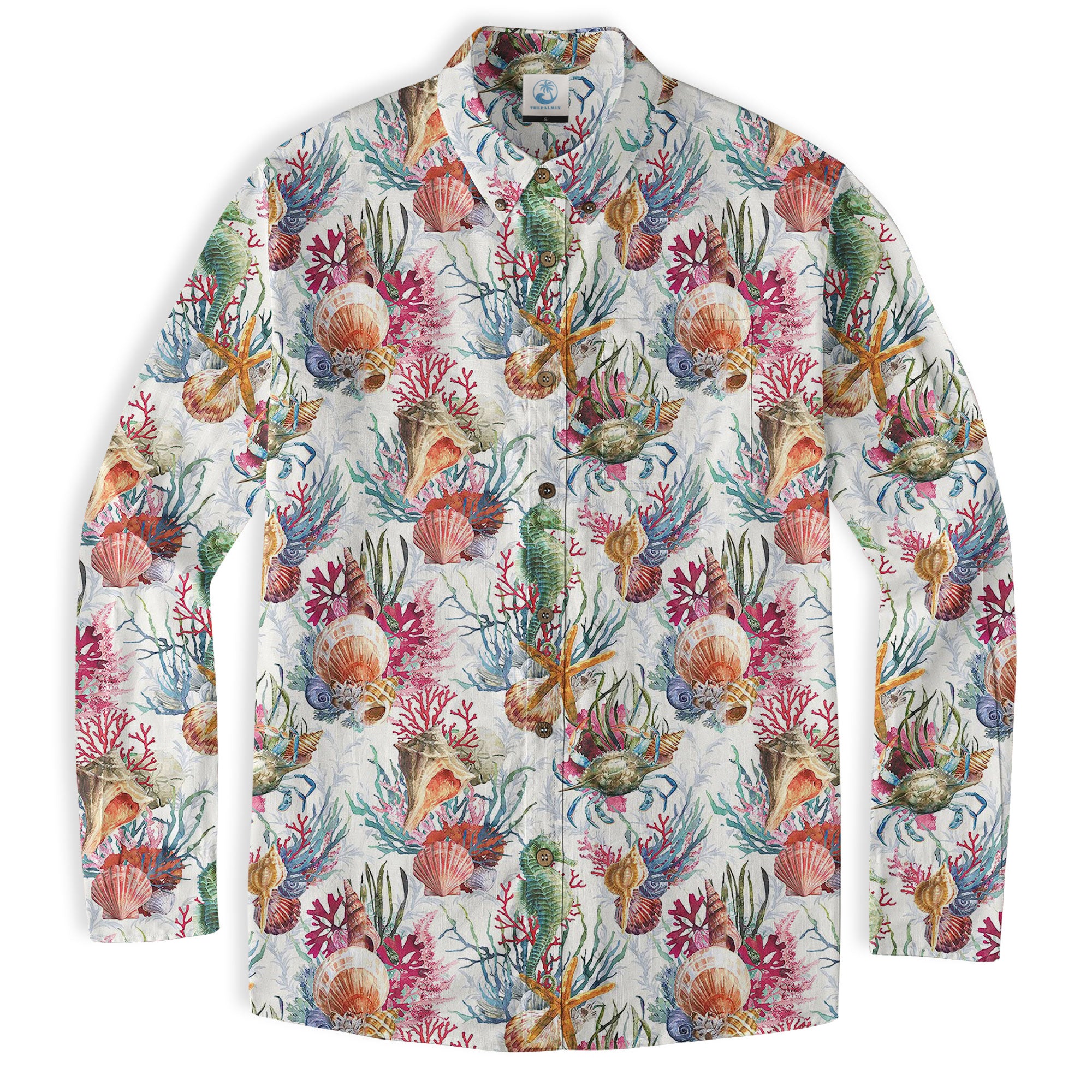 Ocean Animals Hawaiian Button Up Long Sleeve Shirt, Sea Hawaii Shirt - The Palmix