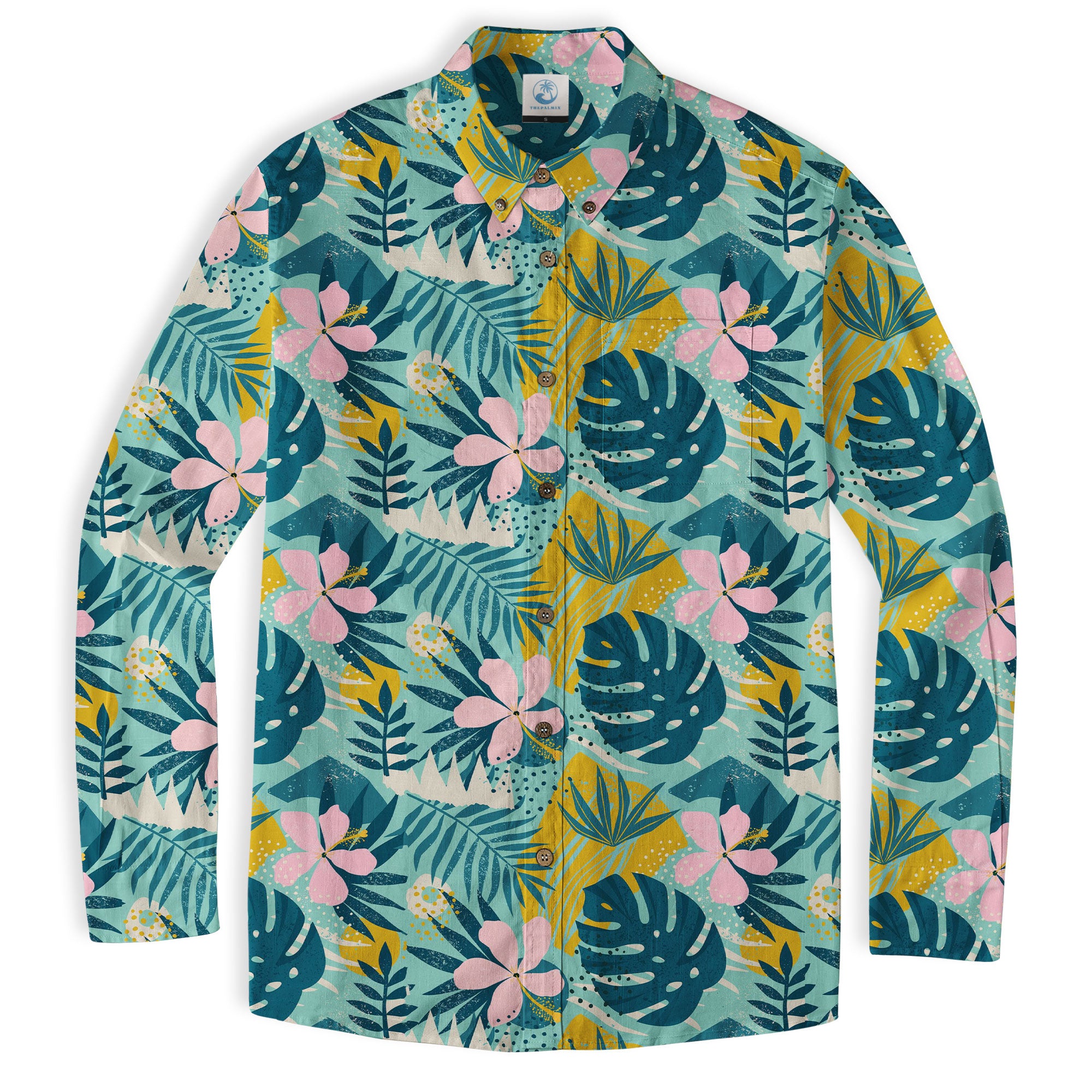 Hibiscus Floral Pattern Hawaiian Button Up Long Sleeve Shirt, Sea Hawaii Shirt - The Palmix