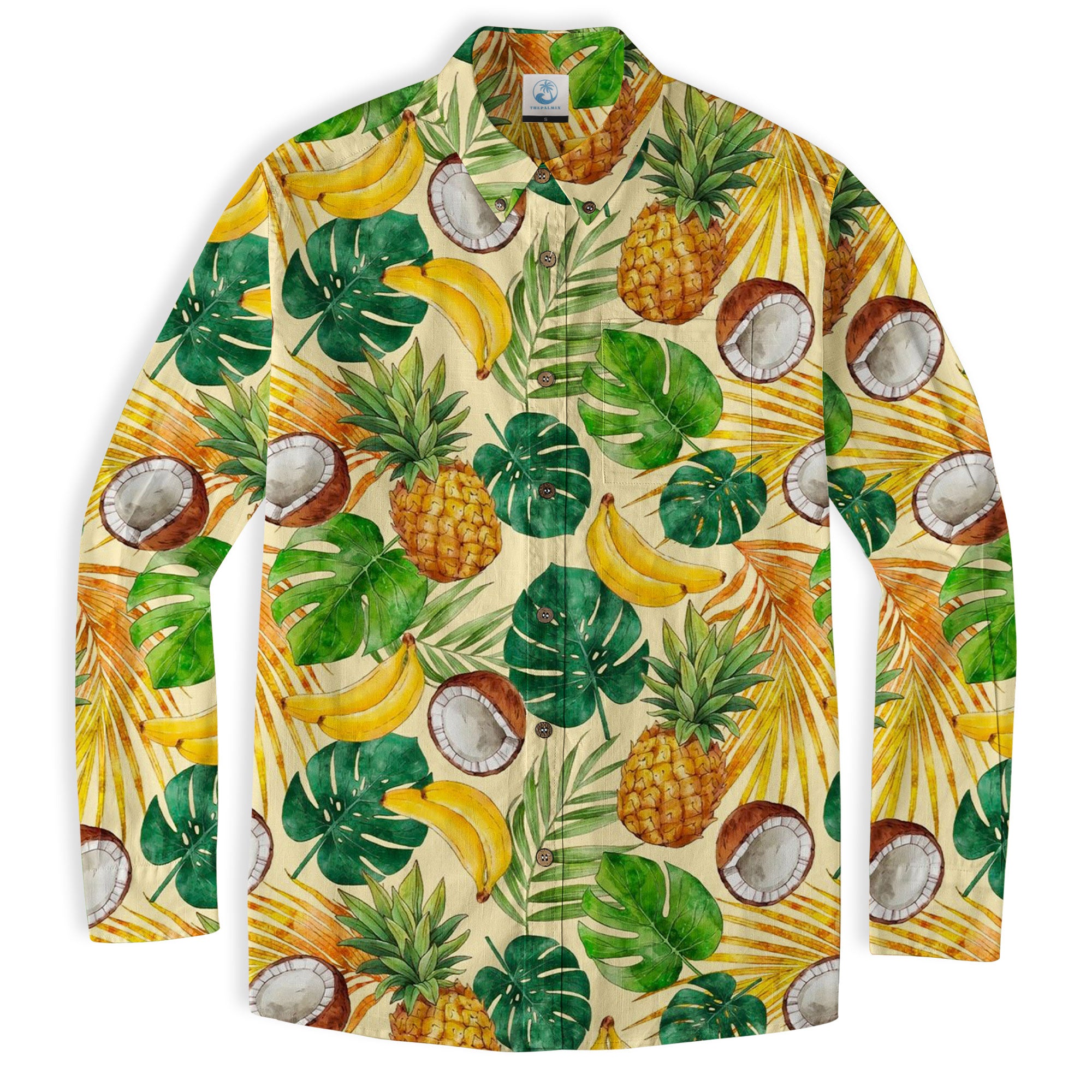 Tropical Fruits Aloha Hawaiian Button Up Long Sleeve Shirt, Summer Beach Aloha Hawaii Shirt - The Palmix