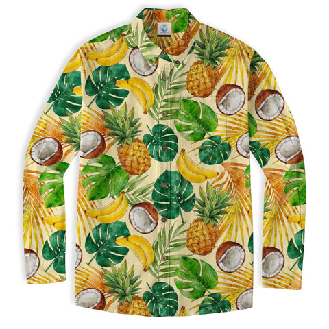 Tropical Fruits Aloha Hawaiian Button Up Long Sleeve Shirt, Summer Beach Aloha Hawaii Shirt - The Palmix