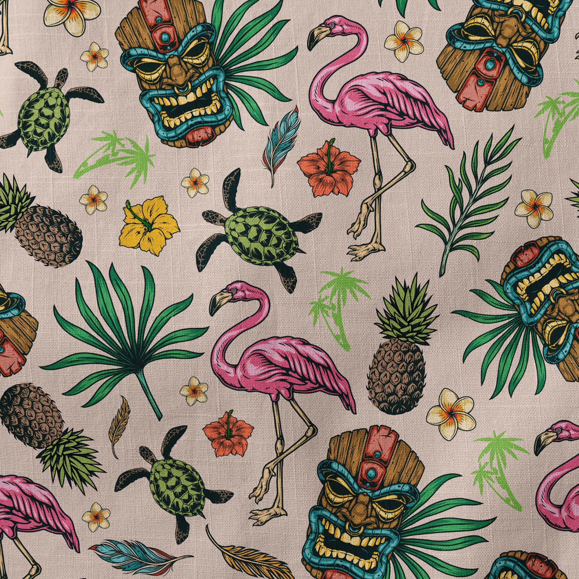 Tropical Tiki Mask Hawaiian Shirts, Flamingo Hawaii Button Down Long Sleeve Shirt - The Palmix
