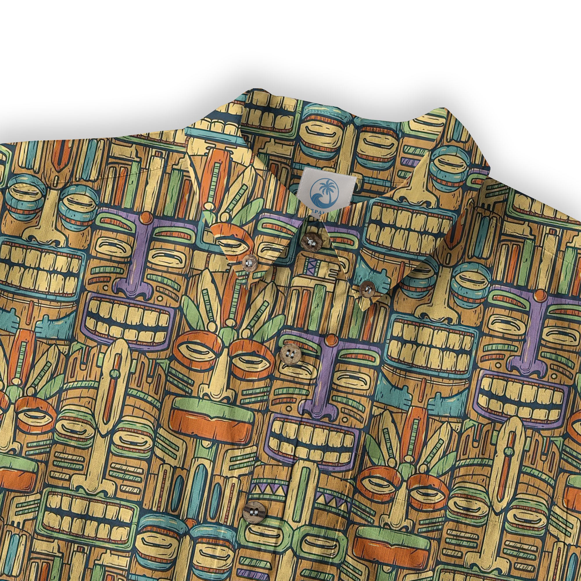 Surfing Tiki Mask Hawaiian Tropical Hawaii Button Down Long Sleeve Shirt - The Palmix
