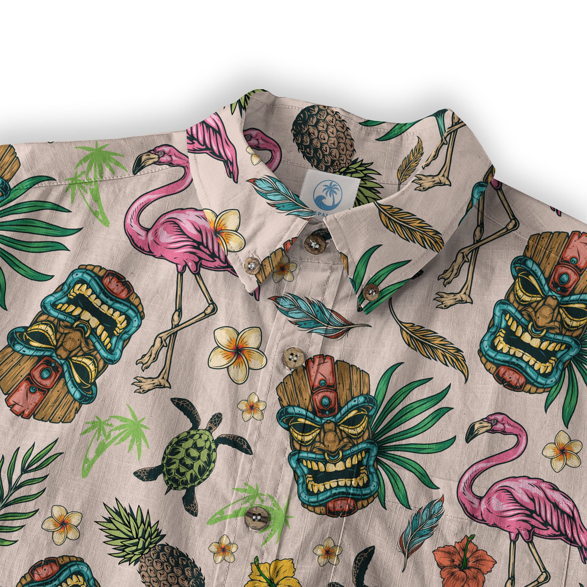 Tropical Tiki Mask Hawaiian Shirts, Flamingo Hawaii Button Down Long Sleeve Shirt - The Palmix