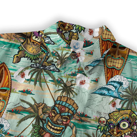 Beach Shirt Aloha Tiki Mask Hawaiian Shirt, Hawaiian Shirt Vintage Floral Long Sleeve Shirt - The Palmix