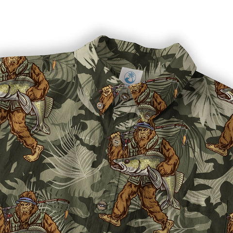 Fishing Bigfoot Hawaiian Shirt, Tropical Bigfoot Hawaiian Shirt Casual Button Down Short Sleeve Shirt - The Palmix