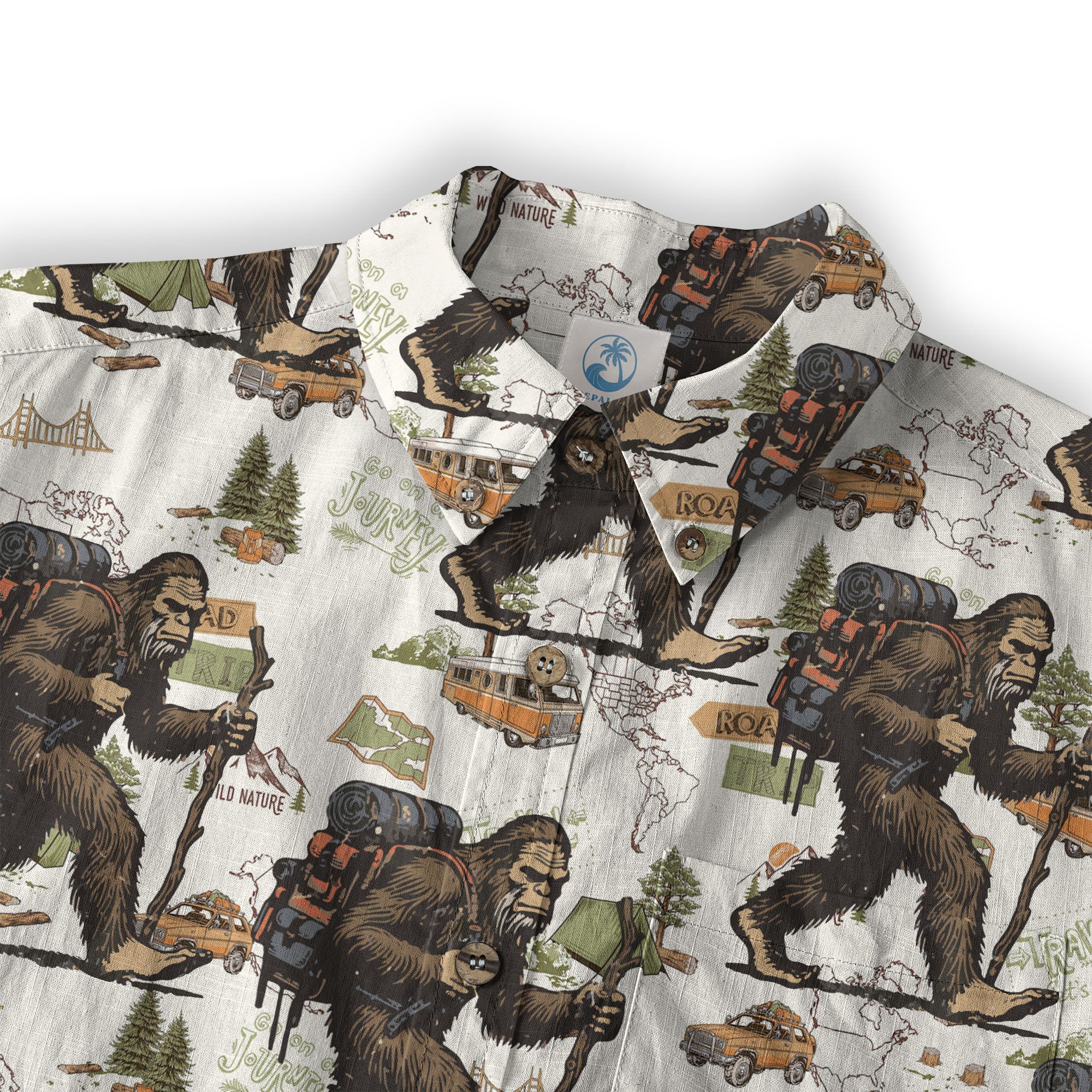 Bigfoot Hiking Hawaiian Shirts for Men, Bigfoot Hiking Pattern Button Down Short Sleeve - The Palmix