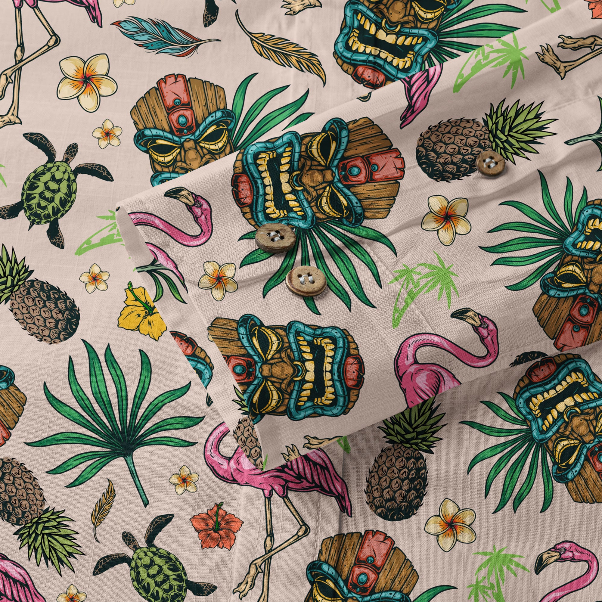 Tropical Tiki Mask Hawaiian Shirts, Flamingo Hawaii Button Down Long Sleeve Shirt - The Palmix