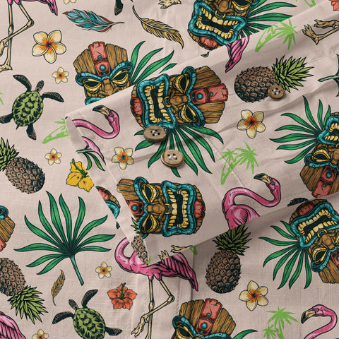 Tropical Tiki Mask Hawaiian Shirts, Flamingo Hawaii Button Down Long Sleeve Shirt - The Palmix