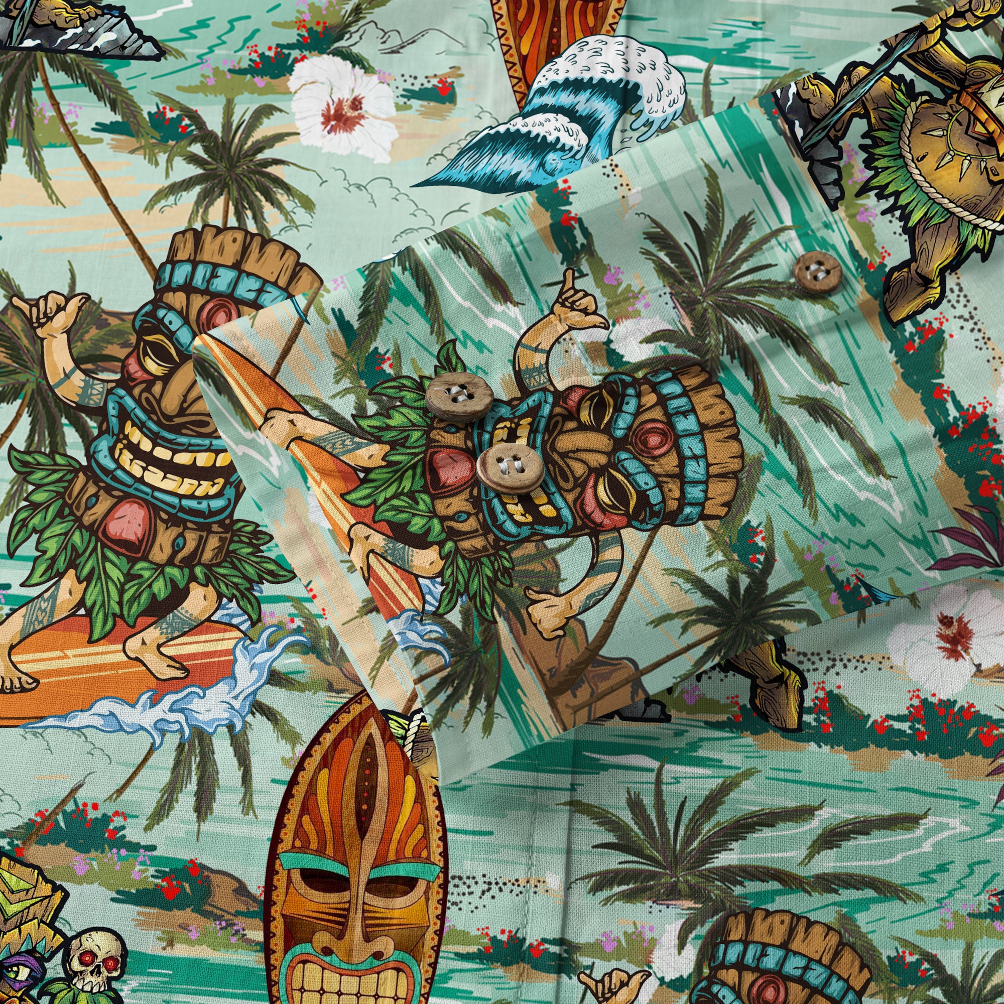 Beach Shirt Aloha Tiki Mask Hawaiian Shirt, Hawaiian Shirt Vintage Floral Long Sleeve Shirt - The Palmix
