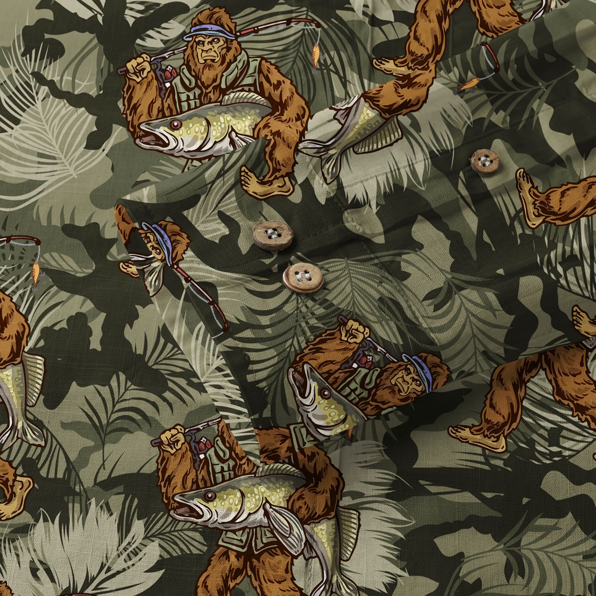 Fishing Bigfoot Hawaiian Shirt, Tropical Bigfoot Hawaiian Shirt Casual Button Down Short Sleeve Shirt - The Palmix