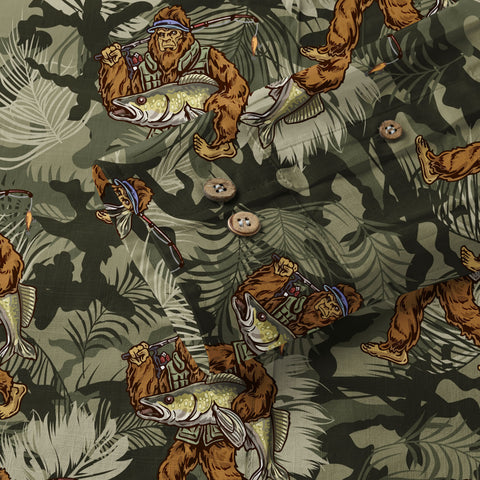 Fishing Bigfoot Hawaiian Shirt, Tropical Bigfoot Hawaiian Shirt Casual Button Down Short Sleeve Shirt - The Palmix