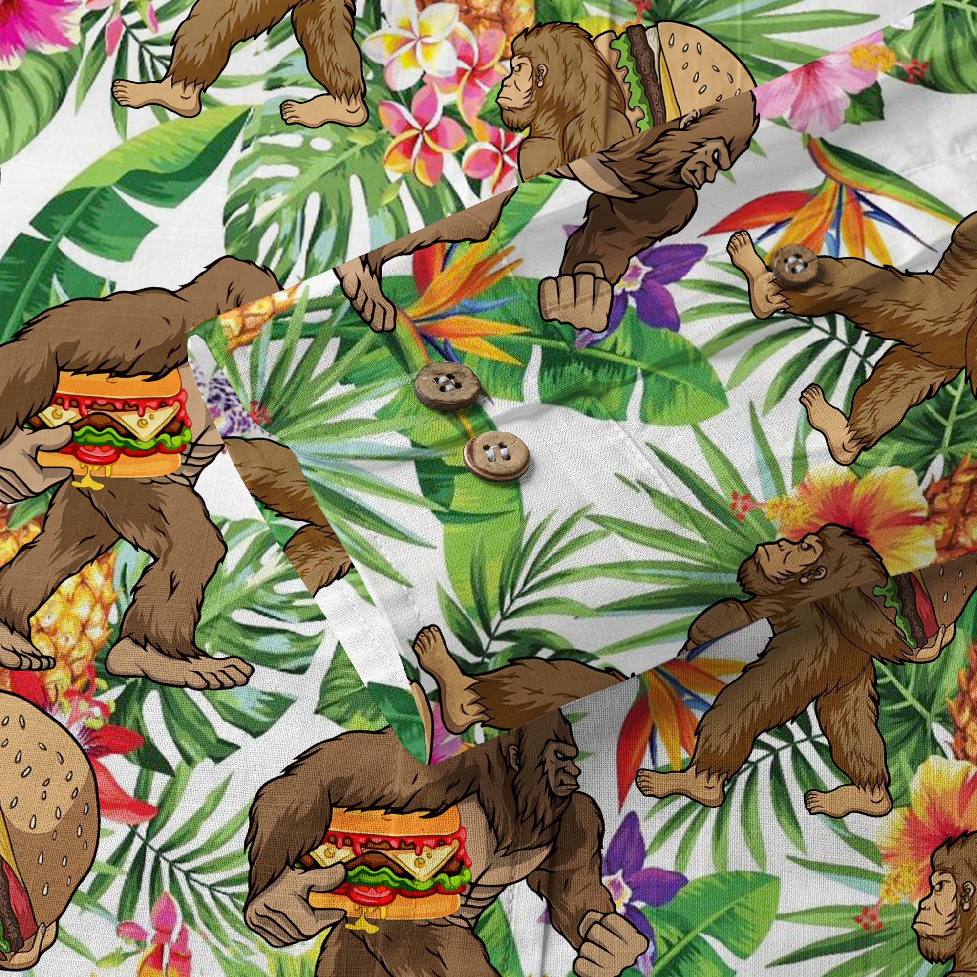 Bigfoot Burger Hawaiian Shirts for Men, Bigfoot Aloha Pattern Button Down Short Sleeve - The Palmix