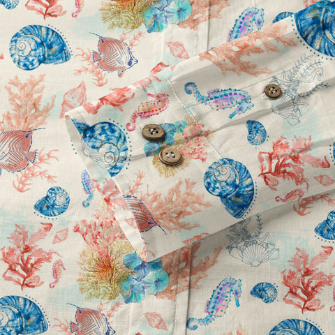 Ocean Animals Hawaiian Button Up Long Sleeve Shirt, Sea Hawaii Shirt - The Palmix