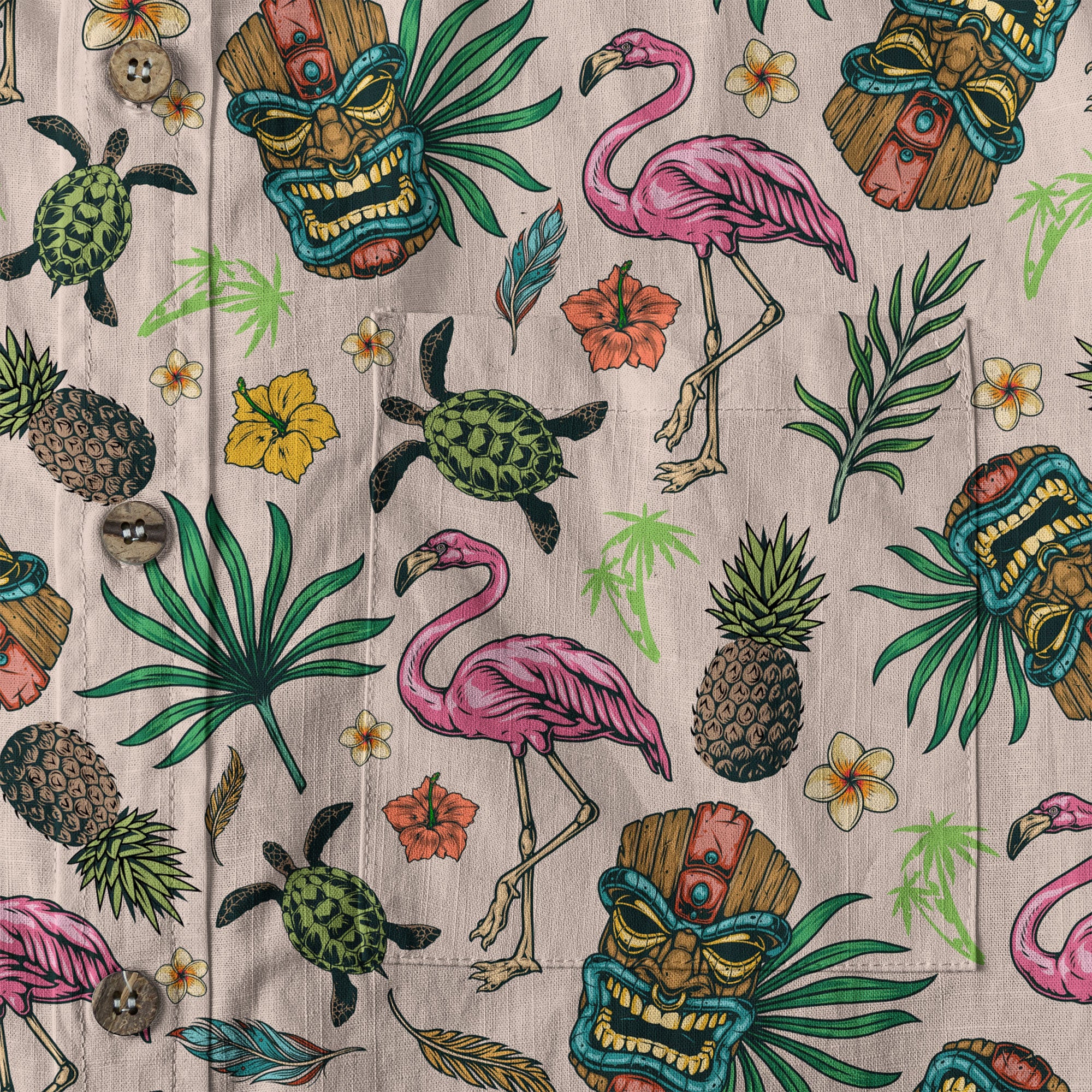 Tropical Tiki Mask Hawaiian Shirts, Flamingo Hawaii Button Down Long Sleeve Shirt - The Palmix