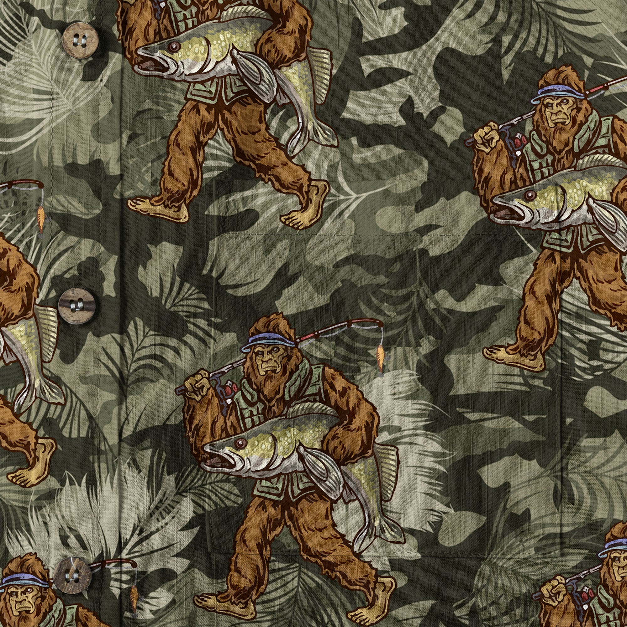 Fishing Bigfoot Hawaiian Shirt, Tropical Bigfoot Hawaiian Shirt Casual Button Down Short Sleeve Shirt - The Palmix