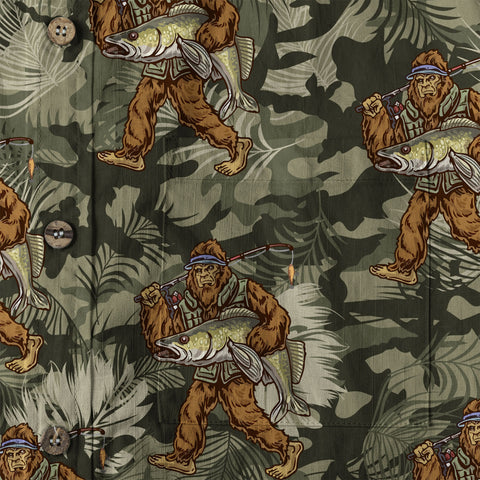 Fishing Bigfoot Hawaiian Shirt, Tropical Bigfoot Hawaiian Shirt Casual Button Down Short Sleeve Shirt - The Palmix
