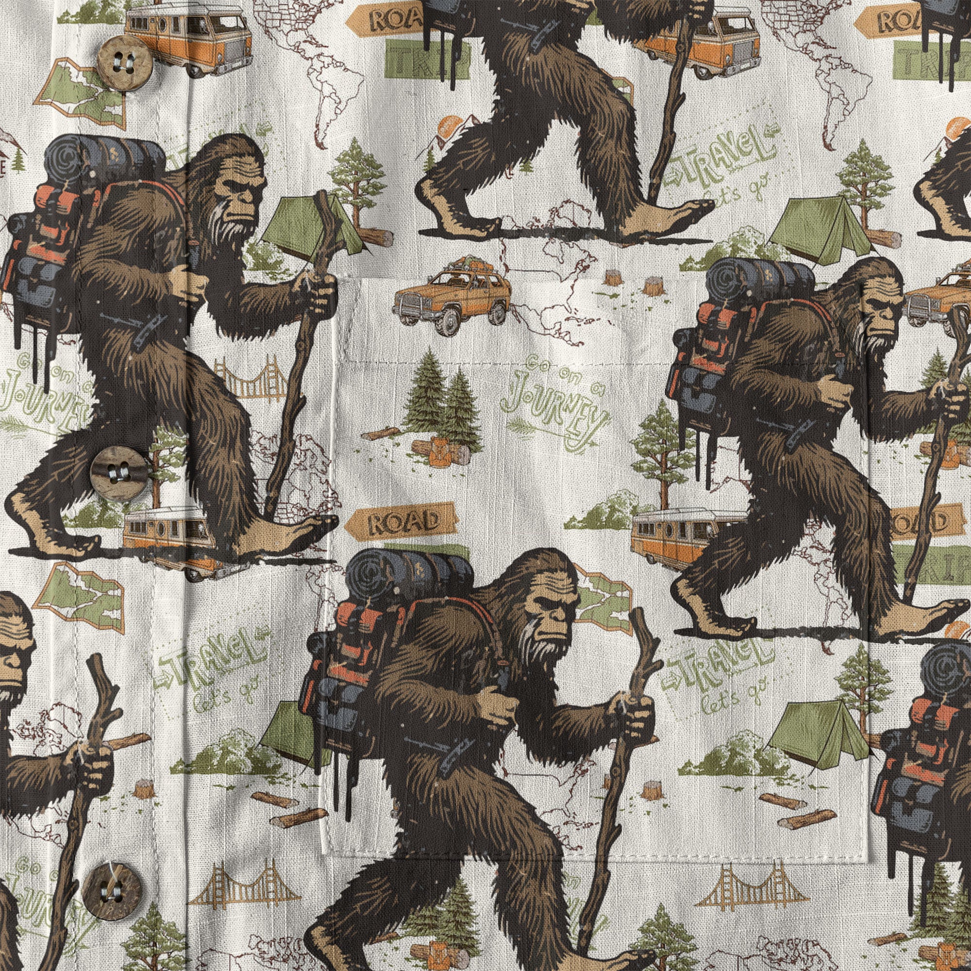 Bigfoot Hiking Hawaiian Shirts for Men, Bigfoot Hiking Pattern Button Down Short Sleeve - The Palmix
