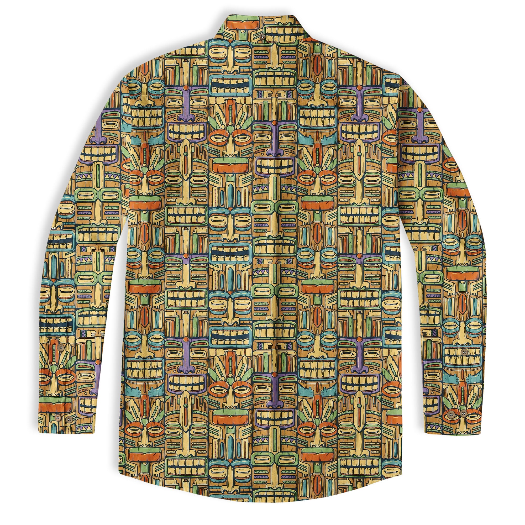 Surfing Tiki Mask Hawaiian Tropical Hawaii Button Down Long Sleeve Shirt - The Palmix