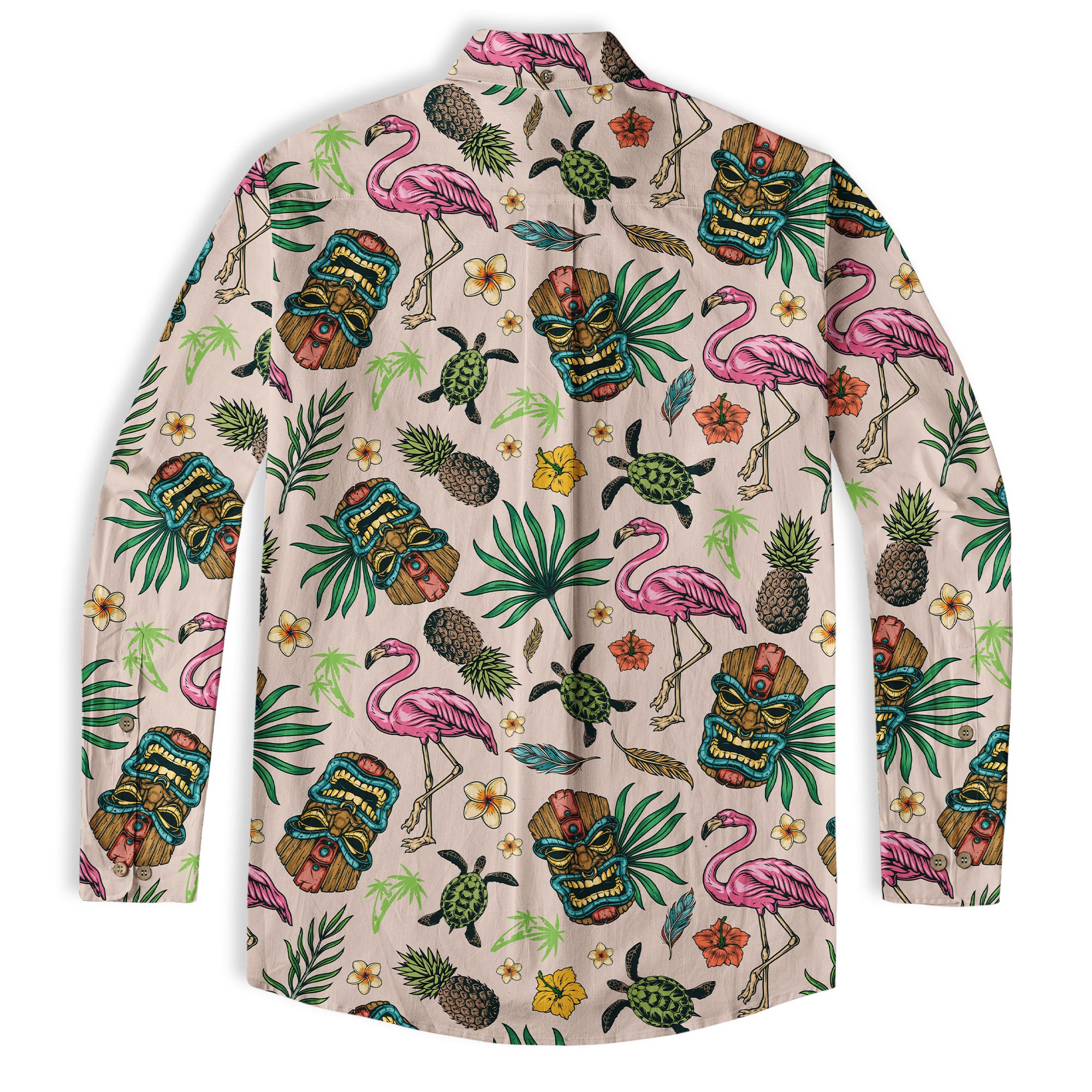 Tropical Tiki Mask Hawaiian Shirts, Flamingo Hawaii Button Down Long Sleeve Shirt - The Palmix