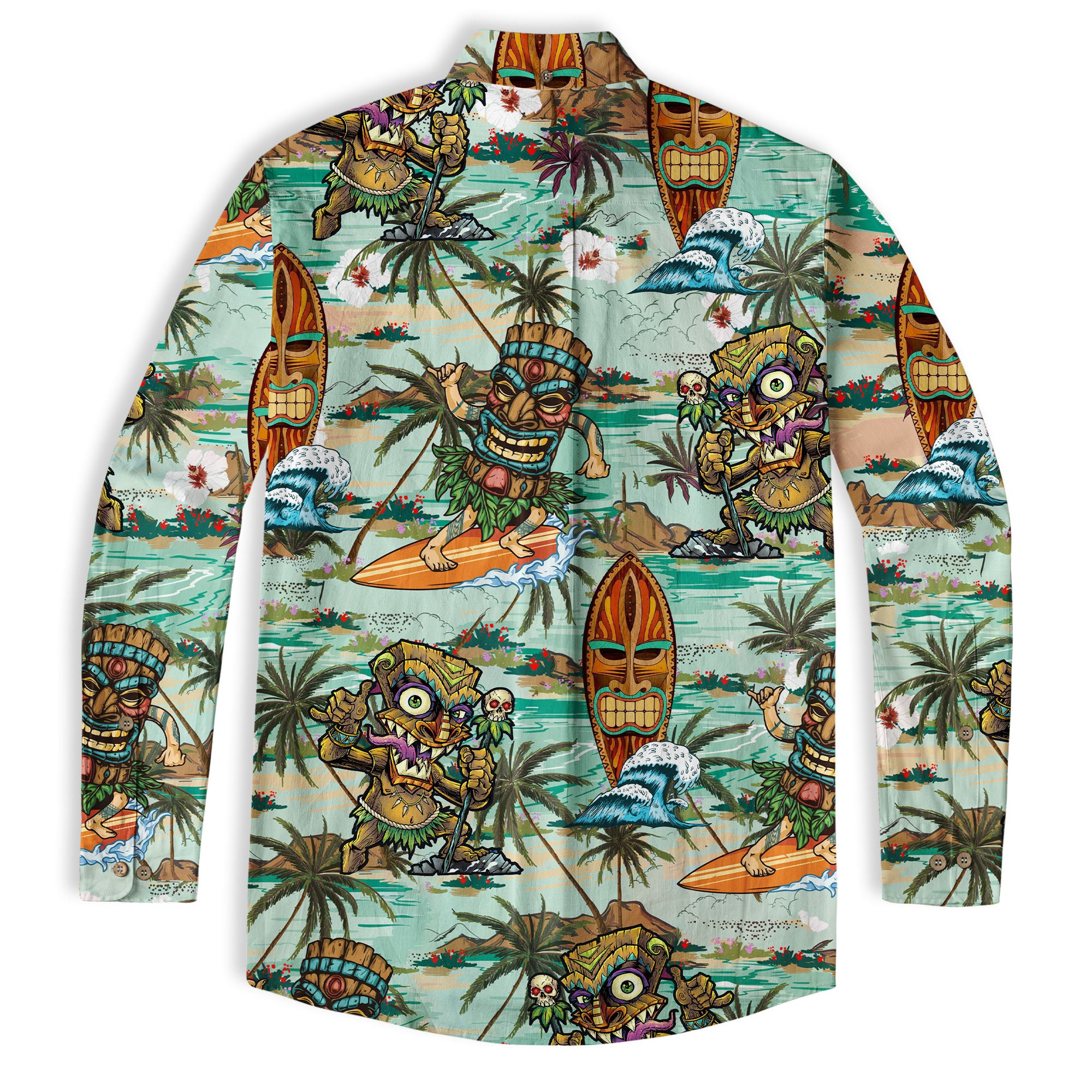 Beach Shirt Aloha Tiki Mask Hawaiian Shirt, Hawaiian Shirt Vintage Floral Long Sleeve Shirt - The Palmix