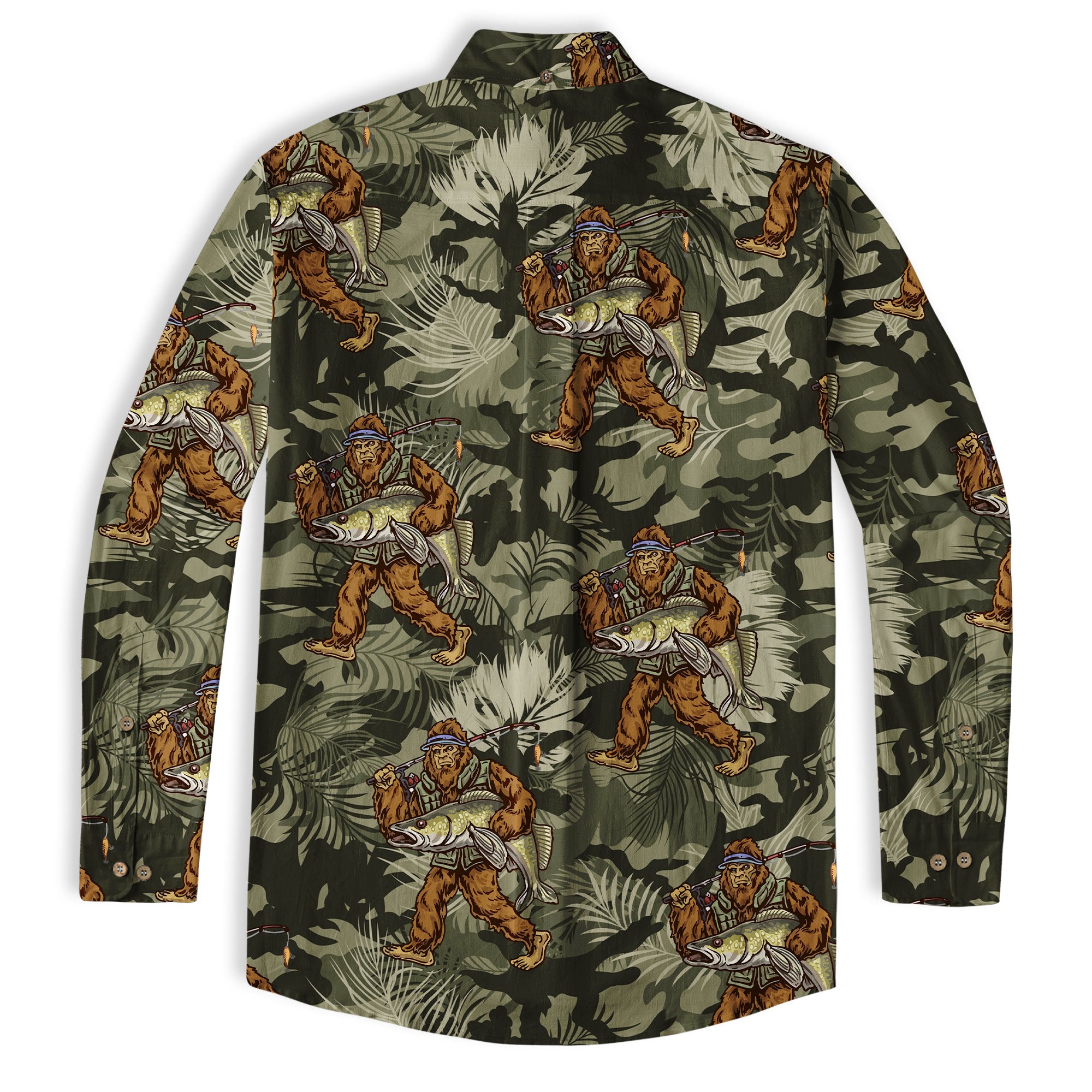 Fishing Bigfoot Hawaiian Shirt, Tropical Bigfoot Hawaiian Shirt Casual Button Down Short Sleeve Shirt - The Palmix