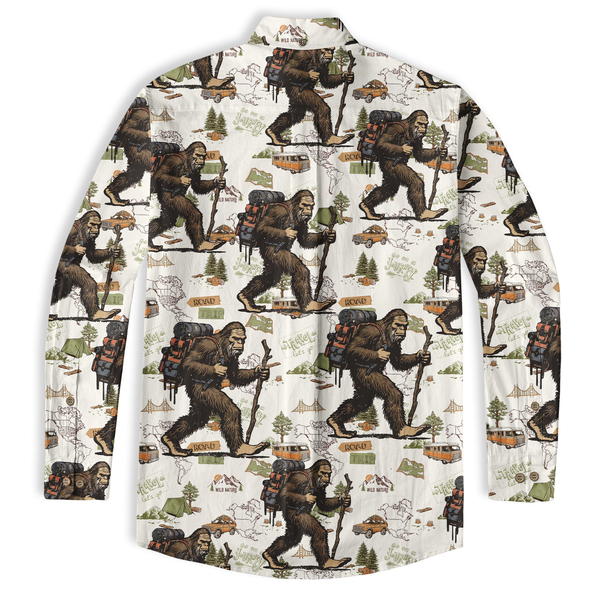 Bigfoot Hiking Hawaiian Shirts for Men, Bigfoot Hiking Pattern Button Down Short Sleeve - The Palmix